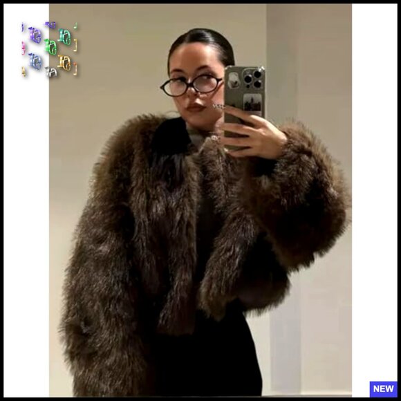 Cropped Faux Fur Jacket Open Front Fluffy Winter Outerwear Elegant Chic - Picture 2 of 7